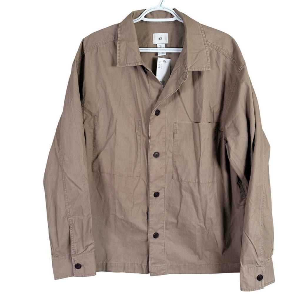 NEW H&M Shirt Jacket Shacket Men L Brown Cotton Twill Chore Utility Button Up
